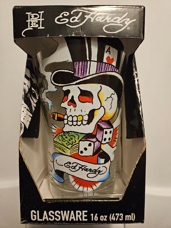 Ed Hardy Skull Hat Gamble Pint Glass 16 oz