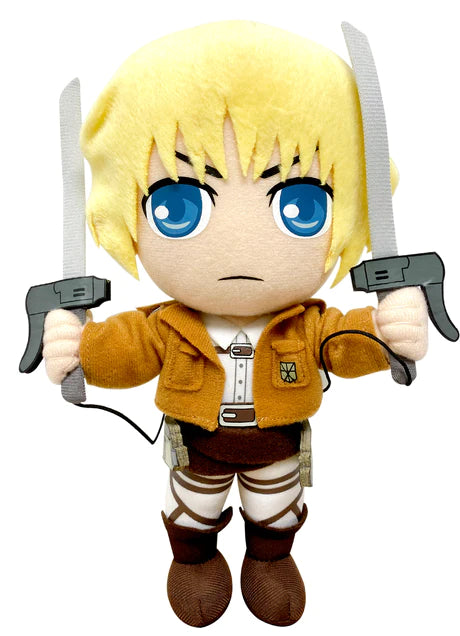 Plush doll of Armin Arlert from Attack On Titan, featuring a brown haired character with a beige and brown outfit, holding a sword, with a detailed face and blue eyes.