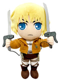 Plush doll of Armin Arlert from Attack On Titan, featuring a brown haired character with a beige and brown outfit, holding a sword, with a detailed face and blue eyes.