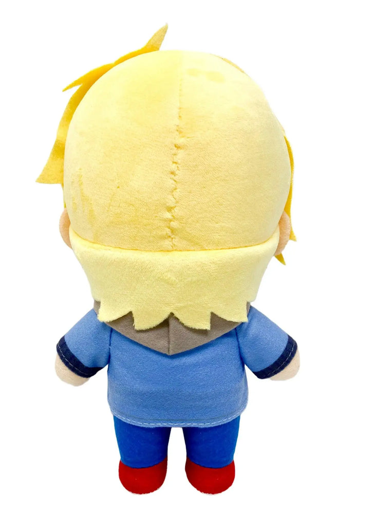 A plush toy doll shown from the back, featuring yellow hair, a blue top, blue pants, red shoes, and a gray collar, isolated on a white background.