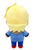A plush toy doll shown from the back, featuring yellow hair, a blue top, blue pants, red shoes, and a gray collar, isolated on a white background.