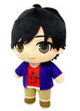 Banana Fish Eiji Okumura plush doll side angle view showing black hair embroidered eyes purple jacket and red ROFT graphic shirt detail by Great Eastern Entertainment