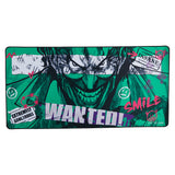 Batman Joker Desk Mat with a graphic design of a Jocker and WANTED!, Smile, Extremely Dangerous and certified insane text on a white background