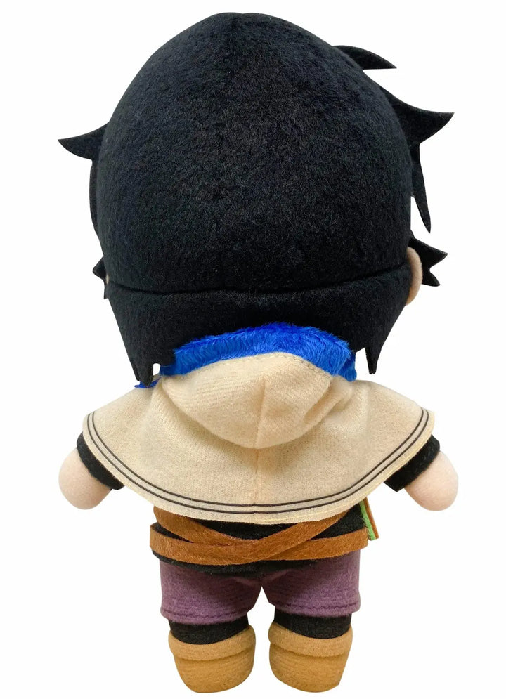 A chibi-style Black Clover Yuno plush toy from the anime and manga series shown from the back, featuring a large black spiky hat, a beige hooded cloak with black trim, a blue collar detail, a brown sash, purple pants, and tan boots, set against a plain white background.