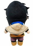 A chibi-style Black Clover Yuno plush toy from the anime and manga series shown from the back, featuring a large black spiky hat, a beige hooded cloak with black trim, a blue collar detail, a brown sash, purple pants, and tan boots, set against a plain white background.