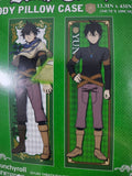 Product packaging for a Black Clover body pillow case with anime character Yuno illustration on a green background
