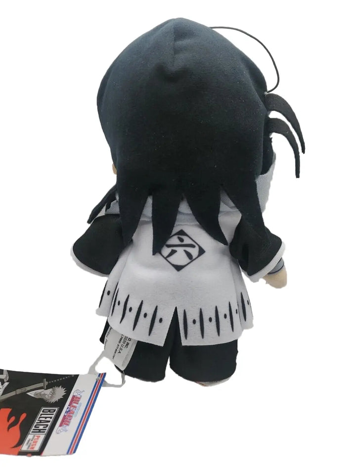 Bleach Byakuya Kuchiki plush doll back view showing Squad 6 kanji on white haori fringed hem detail and official Bleach licensing tag by Great Eastern Entertainment