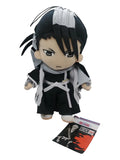 Bleach Byakuya Kuchiki 9 inch plush doll front view showing black shihakusho white haori kenseikan hair ornament and Bleach licensing tag by Great Eastern Entertainment