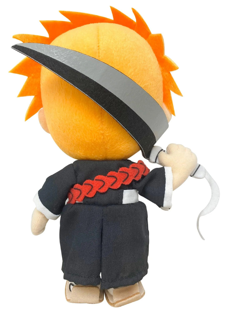 Back of Bleach Ichigo Plush toy with orange hair and a sword on a white background