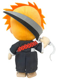 Back of Bleach Ichigo Plush toy with orange hair and a sword on a white background