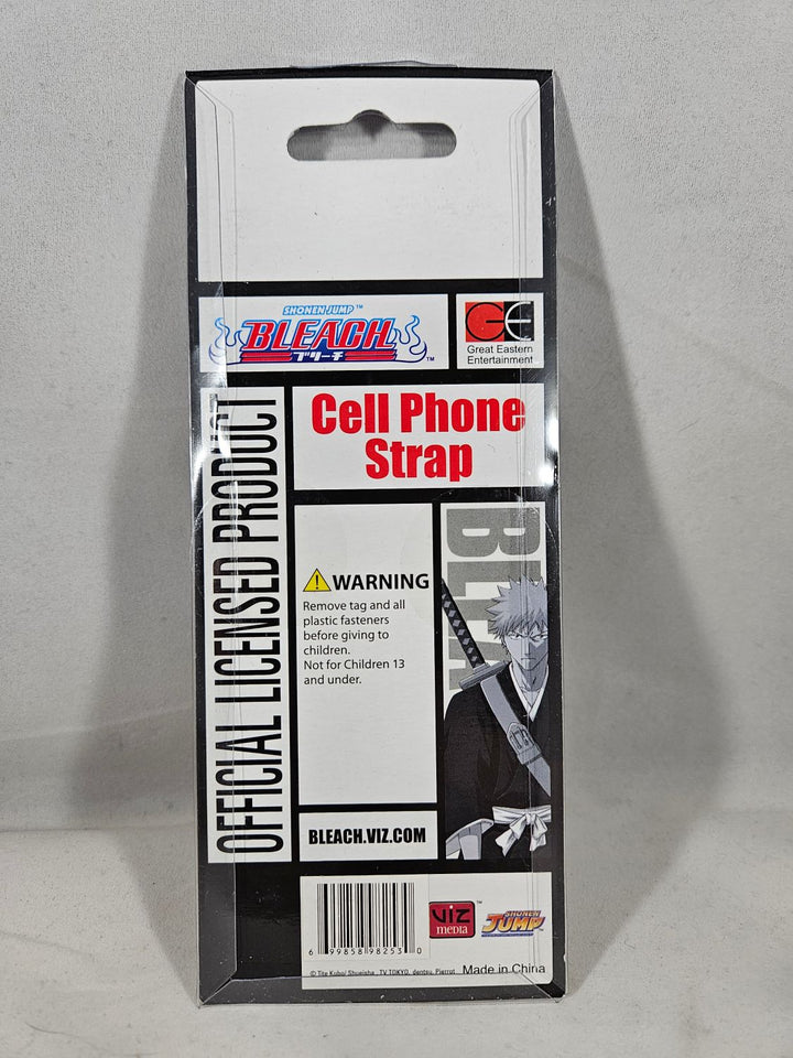 Packaged cell phone strap with Bleach branding on a gray background