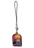 A metal cell phone charm featuring an anime character in a red and blue outfit on a white background.
