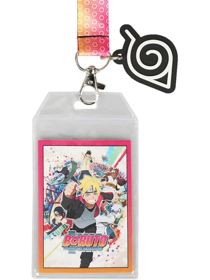 Boruto Next Generation Group Lanyard With Leaf Village Charm Close Up ID Sleeve and Leaf Village Charm