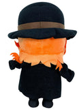 Back of Bungo Chuya Nakahara Plush toy with a black hat, coat, and orange scarf on a white background