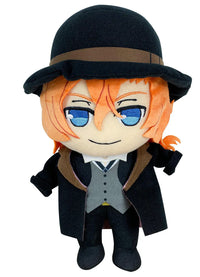 Plush toy of Chuya Nakahara character with orange hair and blue eyes, wearing a black hat and coat.