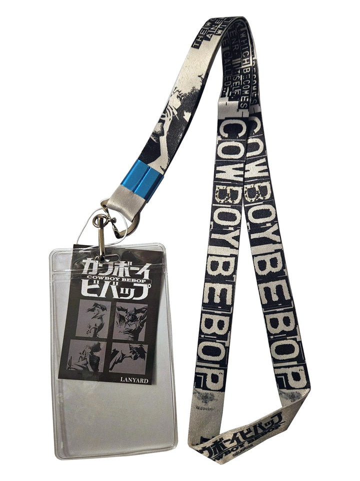 Lanyard with 'Cowboy Bebop' branding and a clear badge holder on a white background