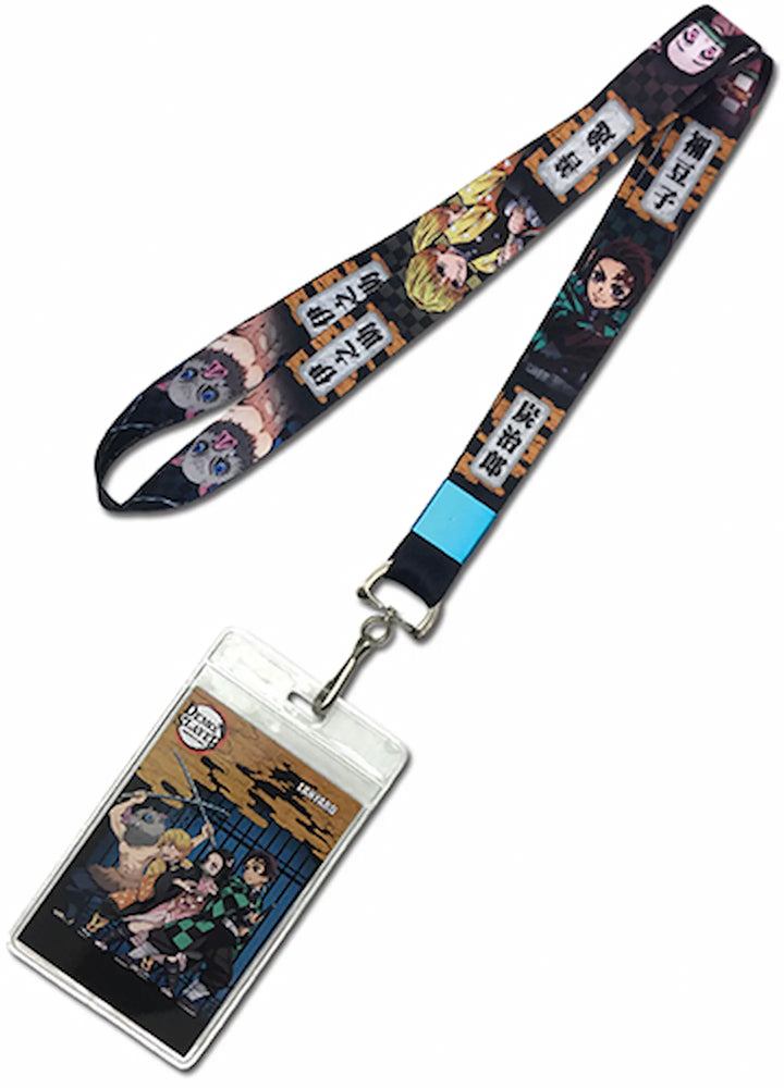 Lanyard with Demon Slayer character designs and a badge holder on a white background