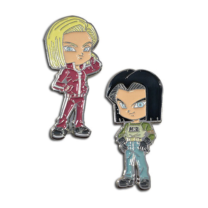 Dragon Ball Super Android 17 and Android 18 character pins on a white background