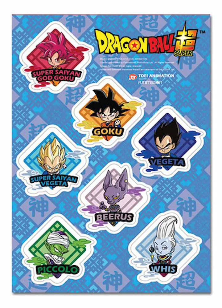 Dragon Ball Super sticker sheet featuring multiple character stickers including Super Saiyan God Goku, Goku, Vegeta, Super Saiyan Vegeta, Peerus, Piccolo, and Whis on a blue patterned background.