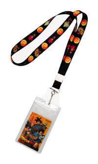Dragon Ball Z themed lanyard with a clear plastic ID badge holder containing a Dragon Ball Z character card, on a white background.