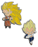 Two enamel pins of animated characters Goku & Vegeta with spiky yellow hair on a white background