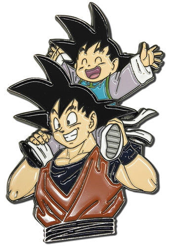 Pin featuring a stylized depiction of a character Goku with spiky hair and a child Gohan on their shoulders, set against a white background.