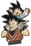 Pin featuring a stylized depiction of a character Goku with spiky hair and a child Gohan on their shoulders, set against a white background.