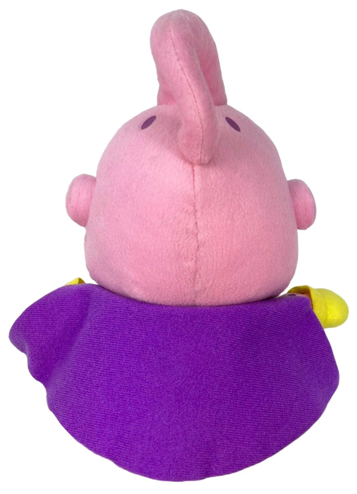 A pink Majin Buu plush toy with a purple cape and small yellow accents, shown from the back against a plain white background.