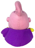 A pink Majin Buu plush toy with a purple cape and small yellow accents, shown from the back against a plain white background.