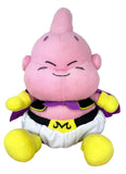 Plush toy of Majin Buu character with a pink face, yellow shoes, and purple outfit on a white background