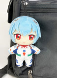 Evangelion Rei character keychain attached to a black bag