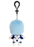 Back of Evangelion Rei Plush keychain with blue hair and white plugsuit outfit on a white background