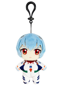 Plush keychain of Evangelion Rei  character with blue hair and red eyes on a white background