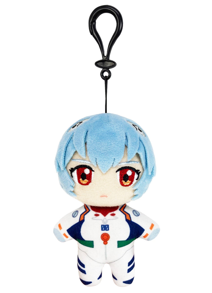 Plush keychain of Evangelion Rei  character with blue hair and red eyes on a white background
