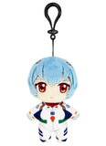 Plush keychain of Evangelion Rei  character with blue hair and red eyes on a white background