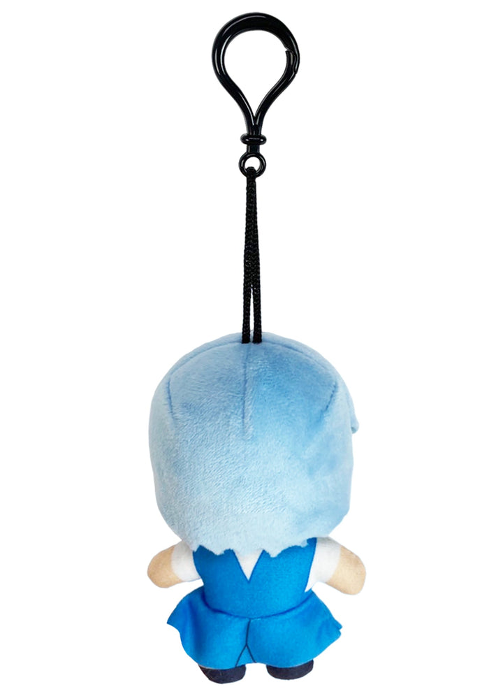 Back of plush Evangelion keychain with Rei Ayanami in blue school uniform on a white background
