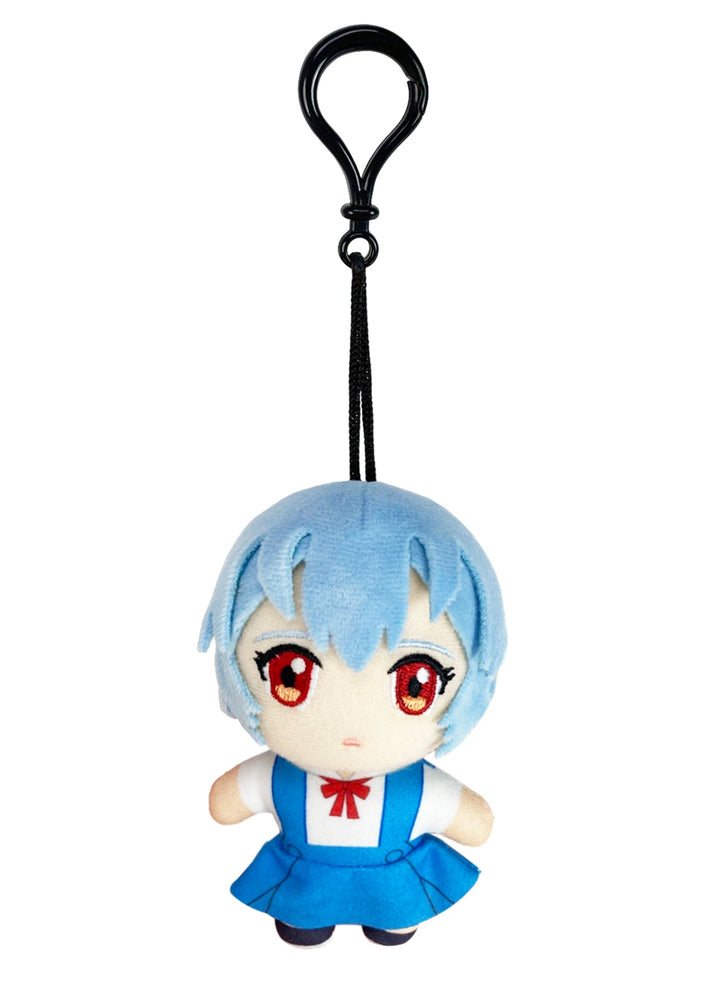 Plush Evangelion keychain with Rei Ayanami wearing a blue school uniform and red bow on a white background
