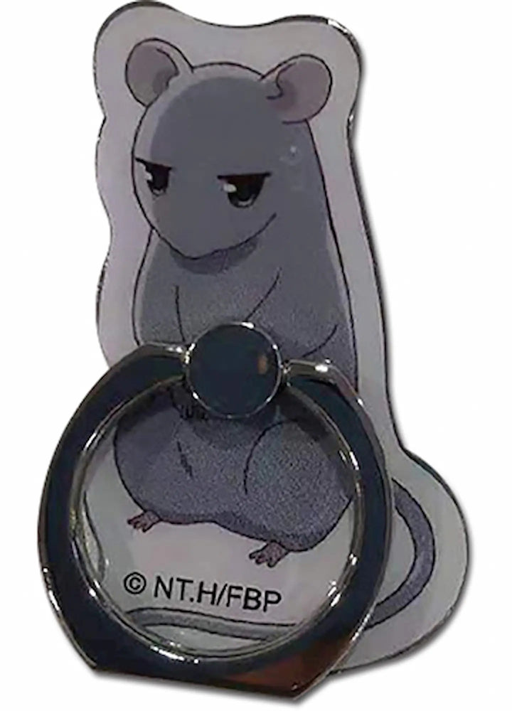 A metallic anime-style mouse ring holder featuring a gray mouse character with a grumpy expression, shown on a plain white background. The ring has a dark metallic finish with a visible copyright mark 'NT.