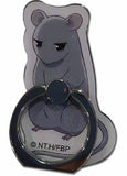 A metallic anime-style mouse ring holder featuring a gray mouse character with a grumpy expression, shown on a plain white background. The ring has a dark metallic finish with a visible copyright mark 'NT.