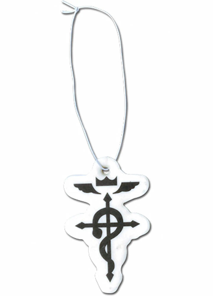 A white cross-shaped ornament with a black winged Flamel symbol in the center and a white hanging string, shown on a plain white background.