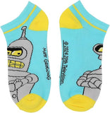 Pair of light blue socks with robot design on a white background