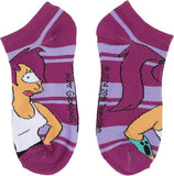Pair of purple socks with cartoon character design on a white background