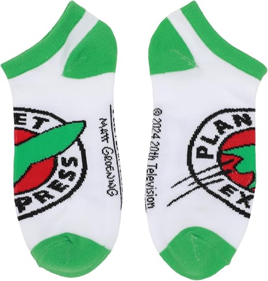 White socks with green accents and Planet Express logo on a white background