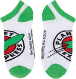 White socks with green accents and Planet Express logo on a white background