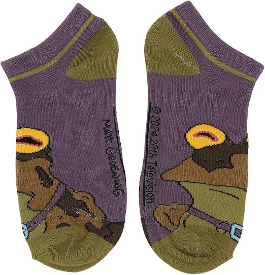 Pair of socks with cartoon character design on a white background