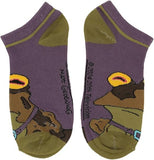 Pair of socks with cartoon character design on a white background