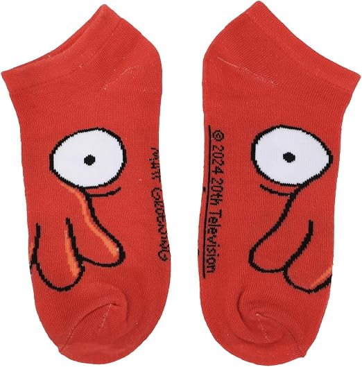 Red socks with cartoon character design on a white background