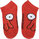 Red socks with cartoon character design on a white background