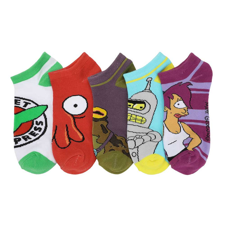 Set of colorful socks with cartoon character designs on a white background