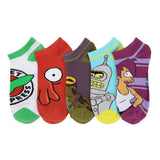 Set of colorful socks with cartoon character designs on a white background